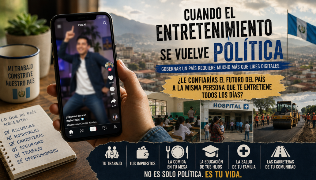 Manos sosteniendo un teléfono mostrando un video de TikTok con un hombre bailando; fondo con escenas políticas y educativa en español, y una taza y cuaderno a la izquierda.