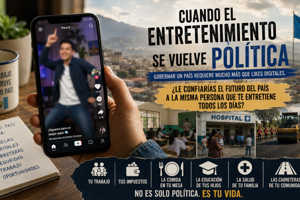 Manos sosteniendo un teléfono mostrando un video de TikTok con un hombre bailando; fondo con escenas políticas y educativa en español, y una taza y cuaderno a la izquierda.