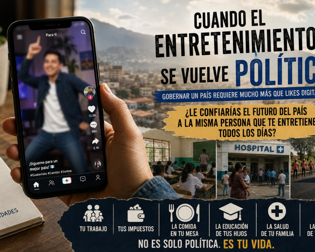 Manos sosteniendo un teléfono mostrando un video de TikTok con un hombre bailando; fondo con escenas políticas y educativa en español, y una taza y cuaderno a la izquierda.