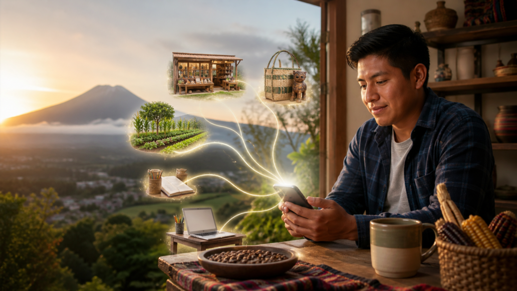 Man at a wooden table looks at his phone as glowing farming and craft scenes emerge from the screen.