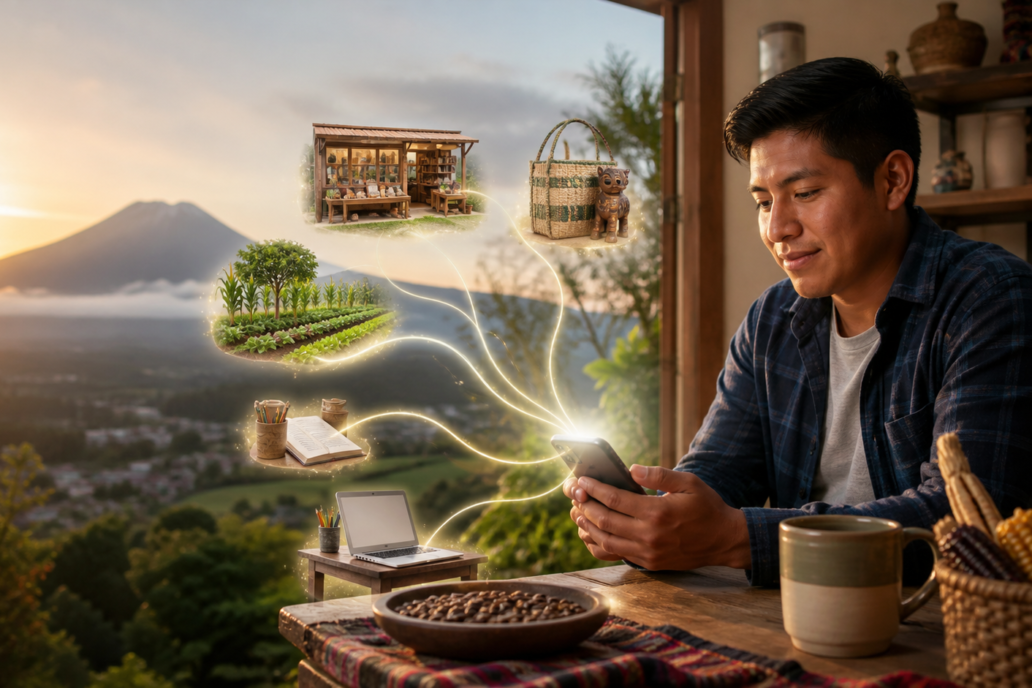 Man at a wooden table looks at his phone as glowing farming and craft scenes emerge from the screen.