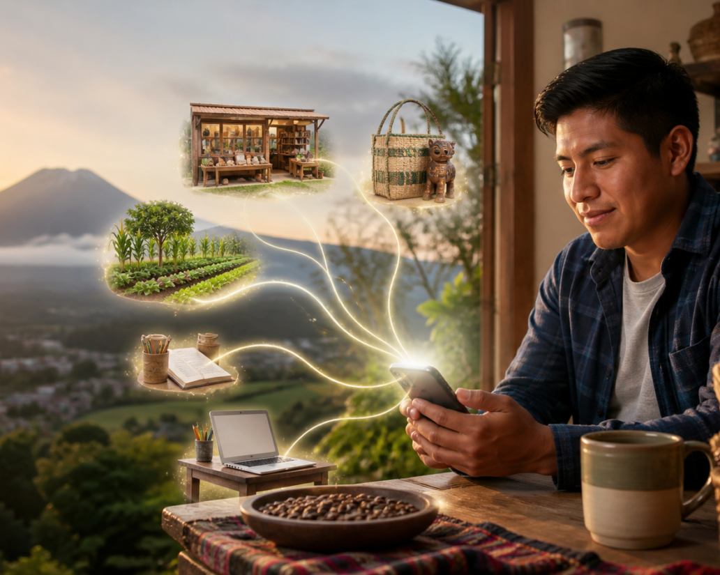 Man at a wooden table looks at his phone as glowing farming and craft scenes emerge from the screen.