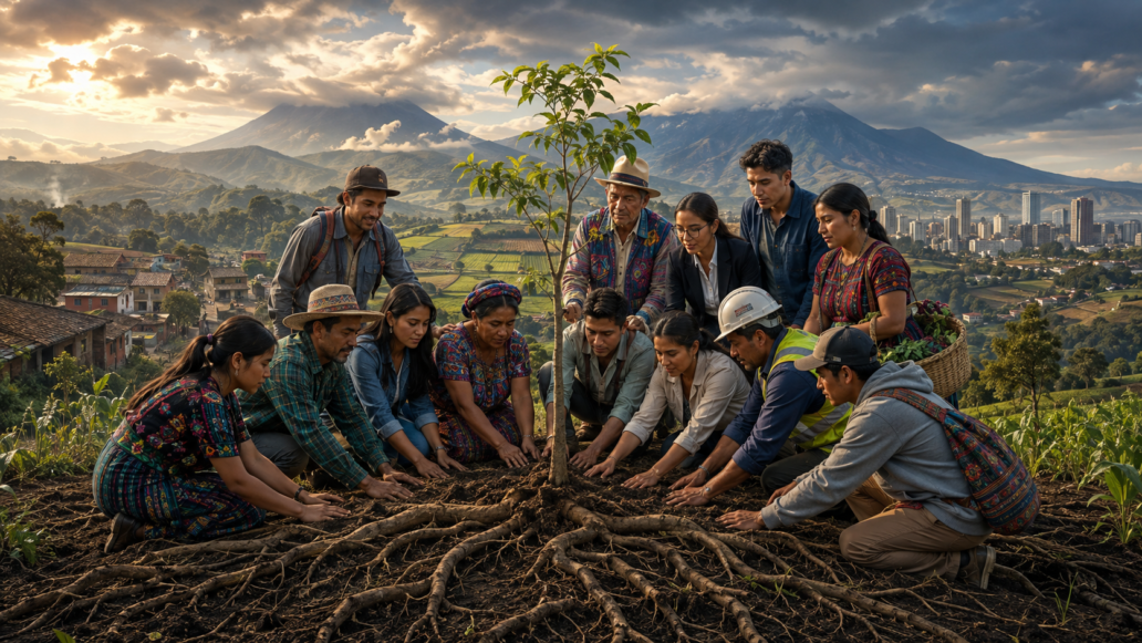 Guatemaltecos indígenas y ladinos unidos alrededor de un árbol joven, con comunidades, campo, ciudad y volcanes al fondo.