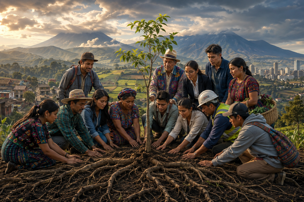 Guatemaltecos indígenas y ladinos unidos alrededor de un árbol joven, con comunidades, campo, ciudad y volcanes al fondo.