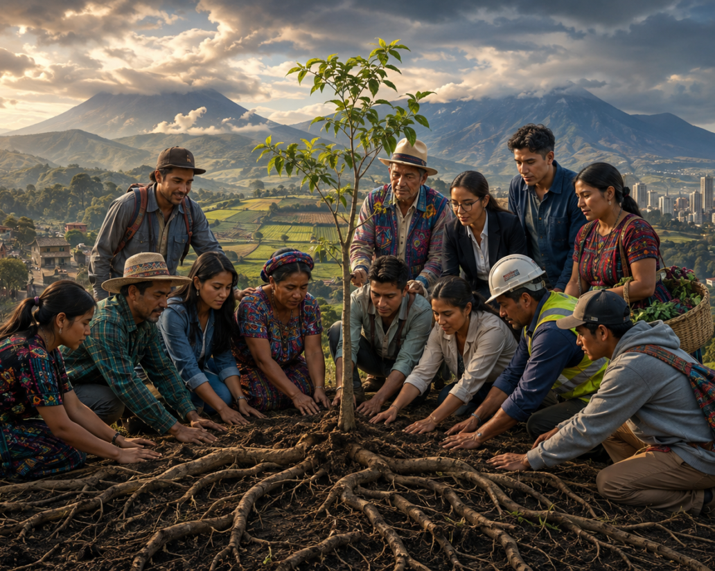 Guatemaltecos indígenas y ladinos unidos alrededor de un árbol joven, con comunidades, campo, ciudad y volcanes al fondo.