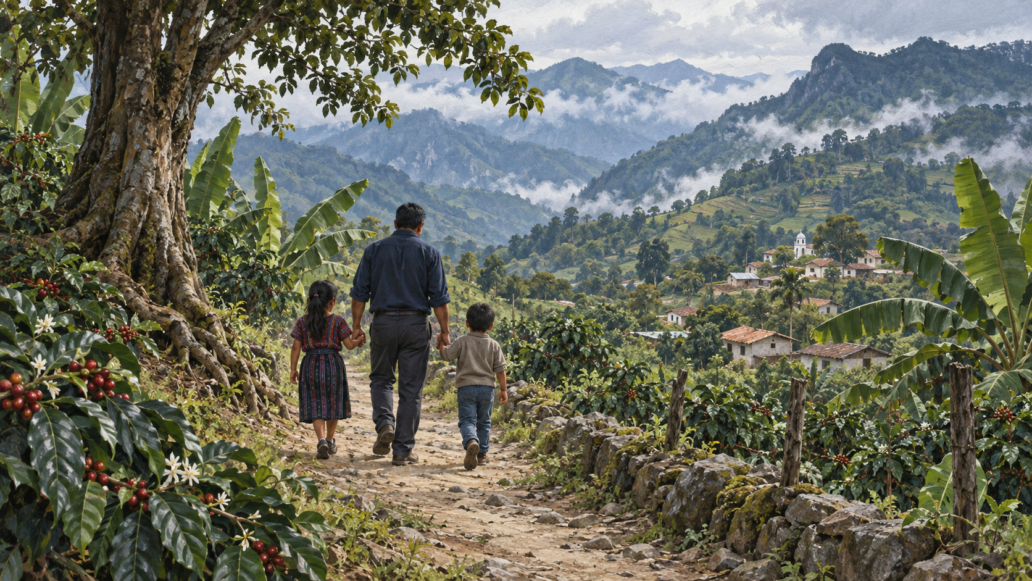 Ilustración de un padre con sus dos hijos en un sendero entre cafetales y montañas de Guatemala.