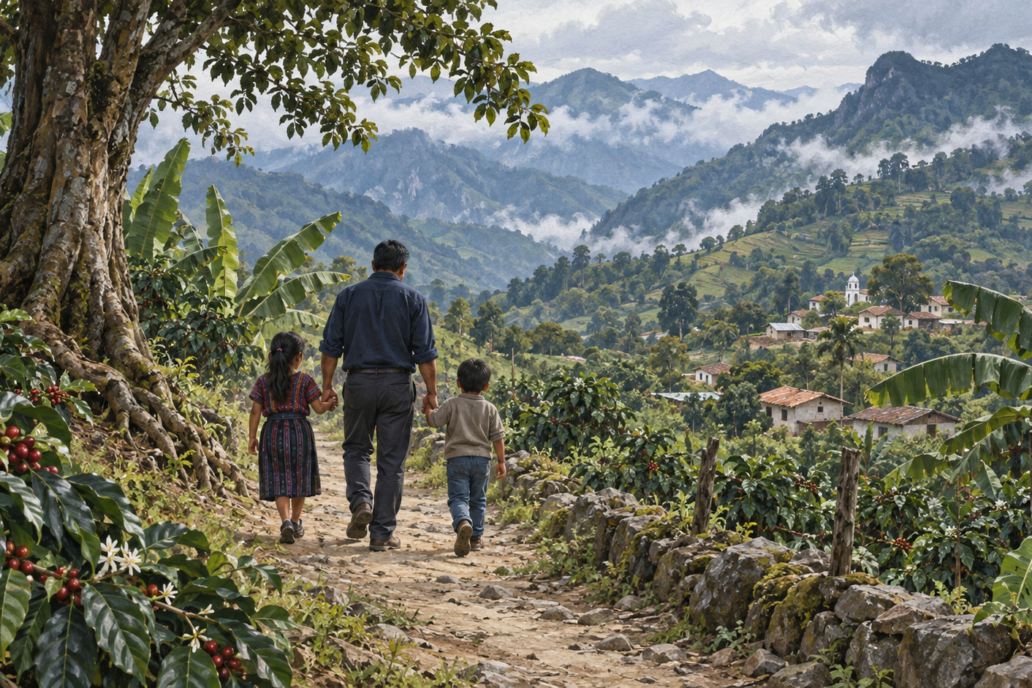 Ilustración de un padre con sus dos hijos en un sendero entre cafetales y montañas de Guatemala.