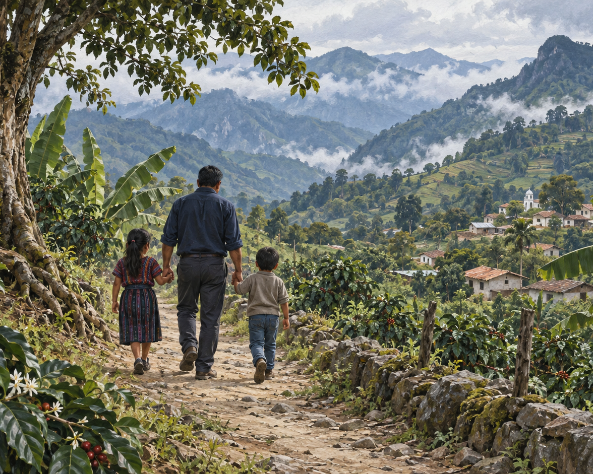 Ilustración de un padre con sus dos hijos en un sendero entre cafetales y montañas de Guatemala.