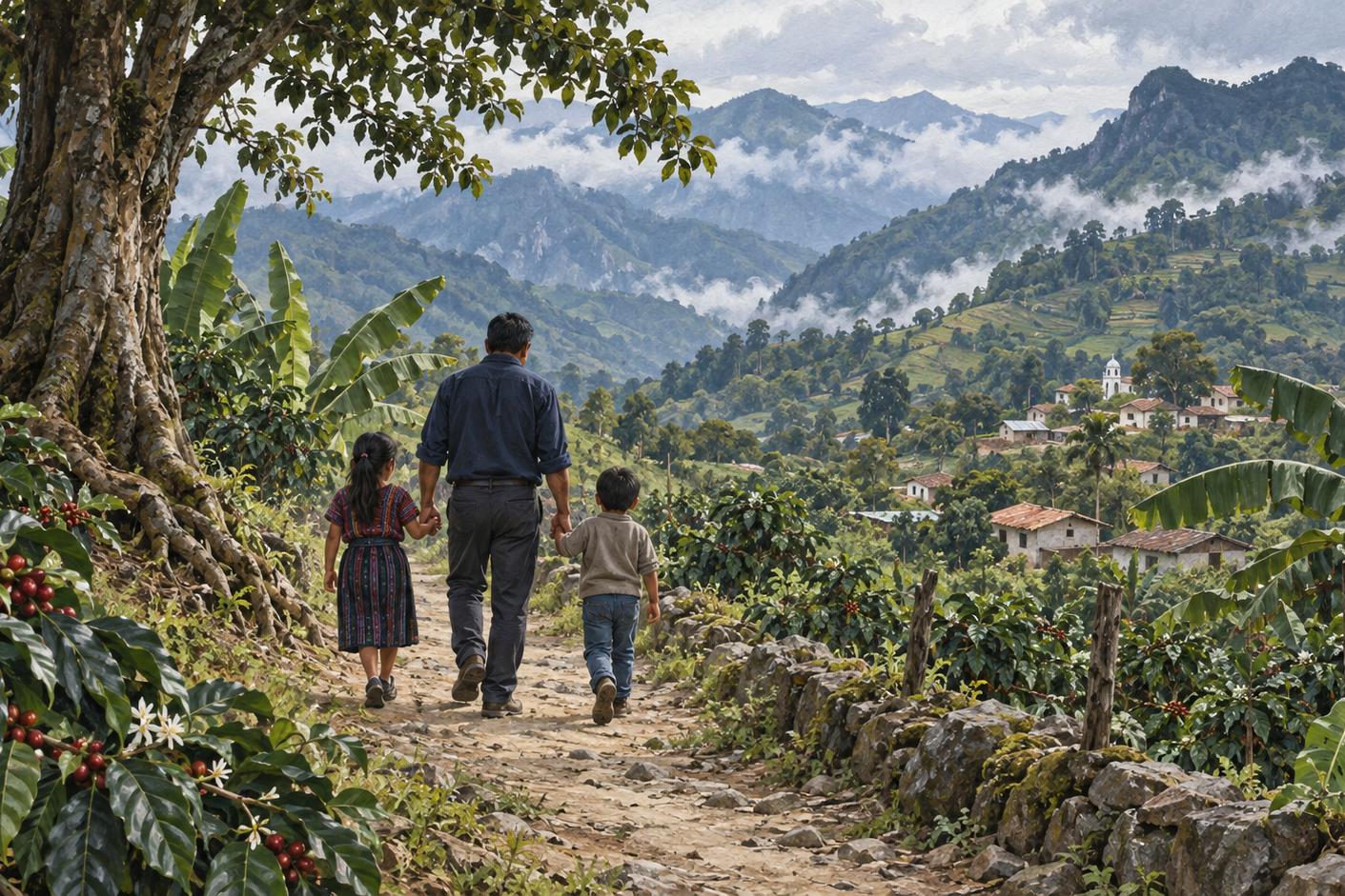 Ilustración de un padre con sus dos hijos en un sendero entre cafetales y montañas de Guatemala.